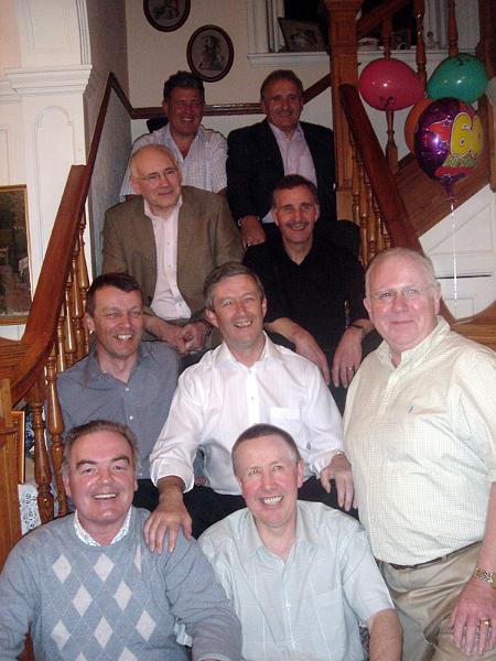 John Barry's 60th Birthday Party.jpg - Photo taken at John Barry's 60th birthday party.  Naming from the back.--  Lindsay Wilson; John Bacigalupo;  Jack Kerr; Roddy Zentil;  Paul Barry; John Barry; Desmond Deignan  John Cregan; Interloper;  